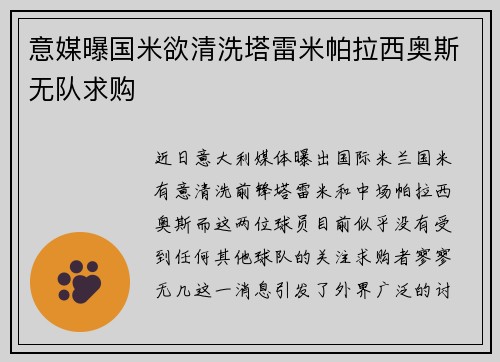 意媒曝国米欲清洗塔雷米帕拉西奥斯无队求购